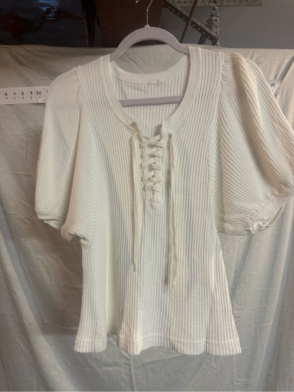 We The Free White-Cream Lace-Up Puff Sleeve Knit Top